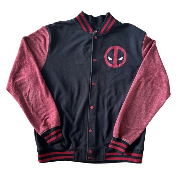 Marvel Deadpool Varsity Men’s Jacket Black Red Snap-Front Size M/L - Picture 2 of 11